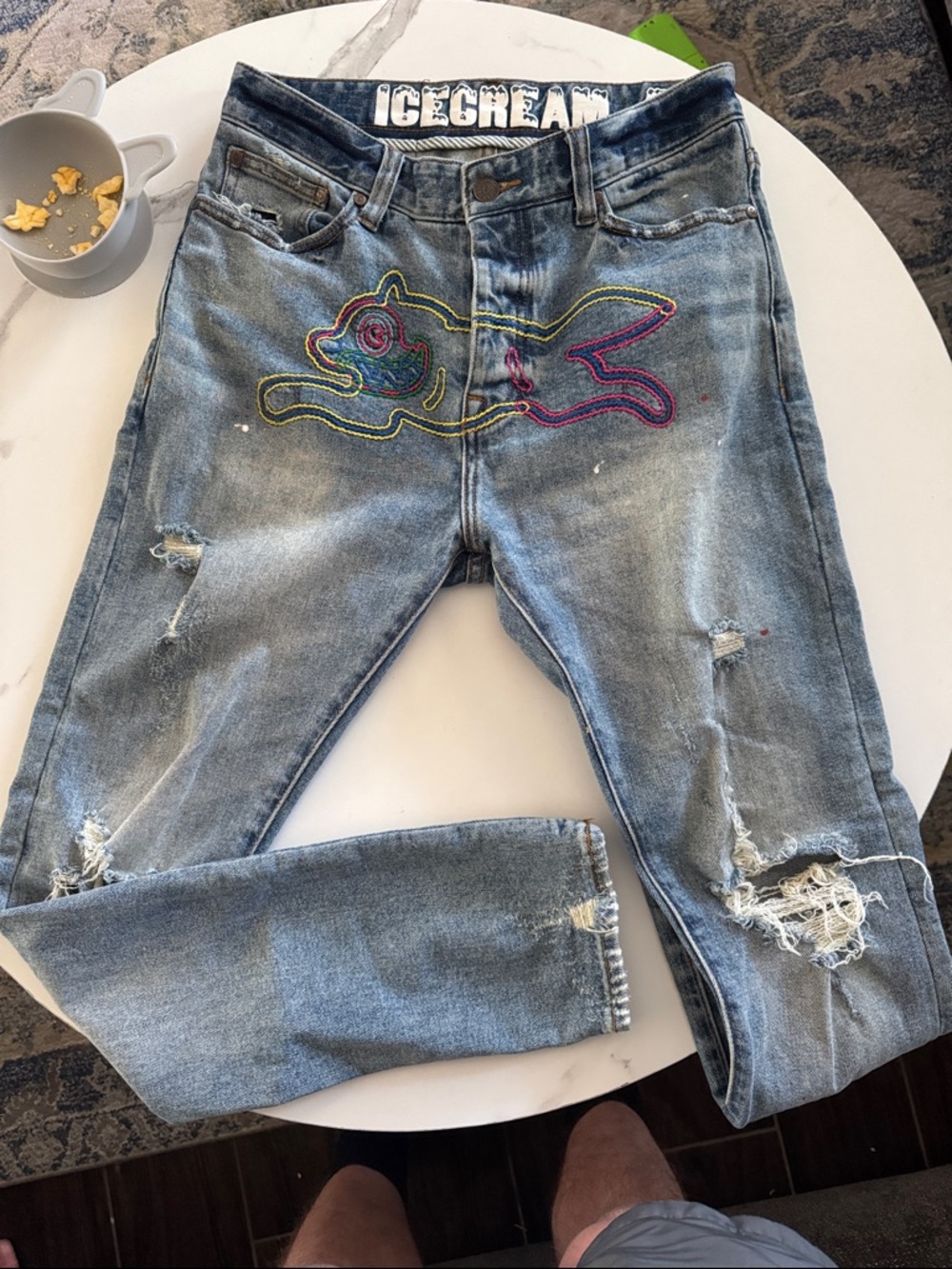 Icecream Light Blue Denim Jeans with Multicolor Embroidered Bunny